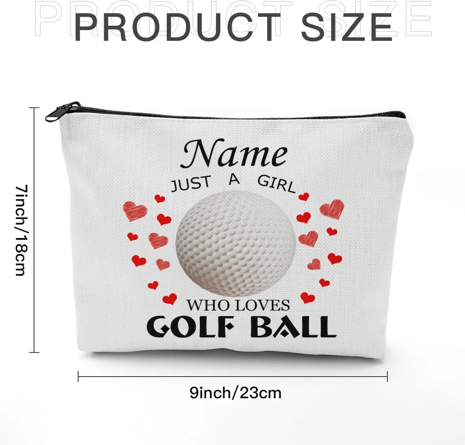 zaaprintblanket Personalized Golf Ball Hearts Cosmetic Bags with Name Text Travel Bag Cases for Toiletries Accessories Organizer