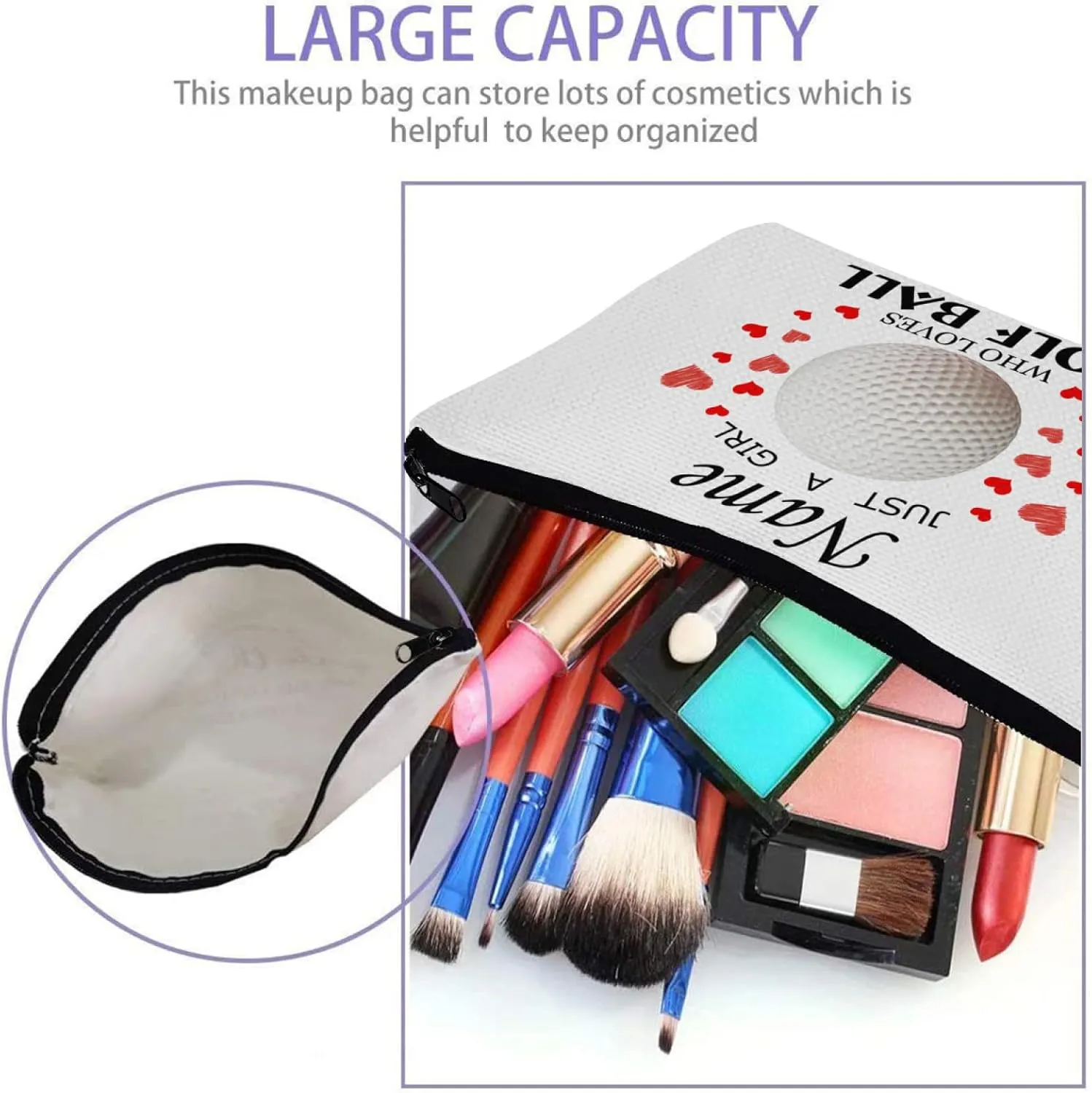 zaaprintblanket Personalized Golf Ball Hearts Cosmetic Bags with Name Text Travel Bag Cases for Toiletries Accessories Organizer