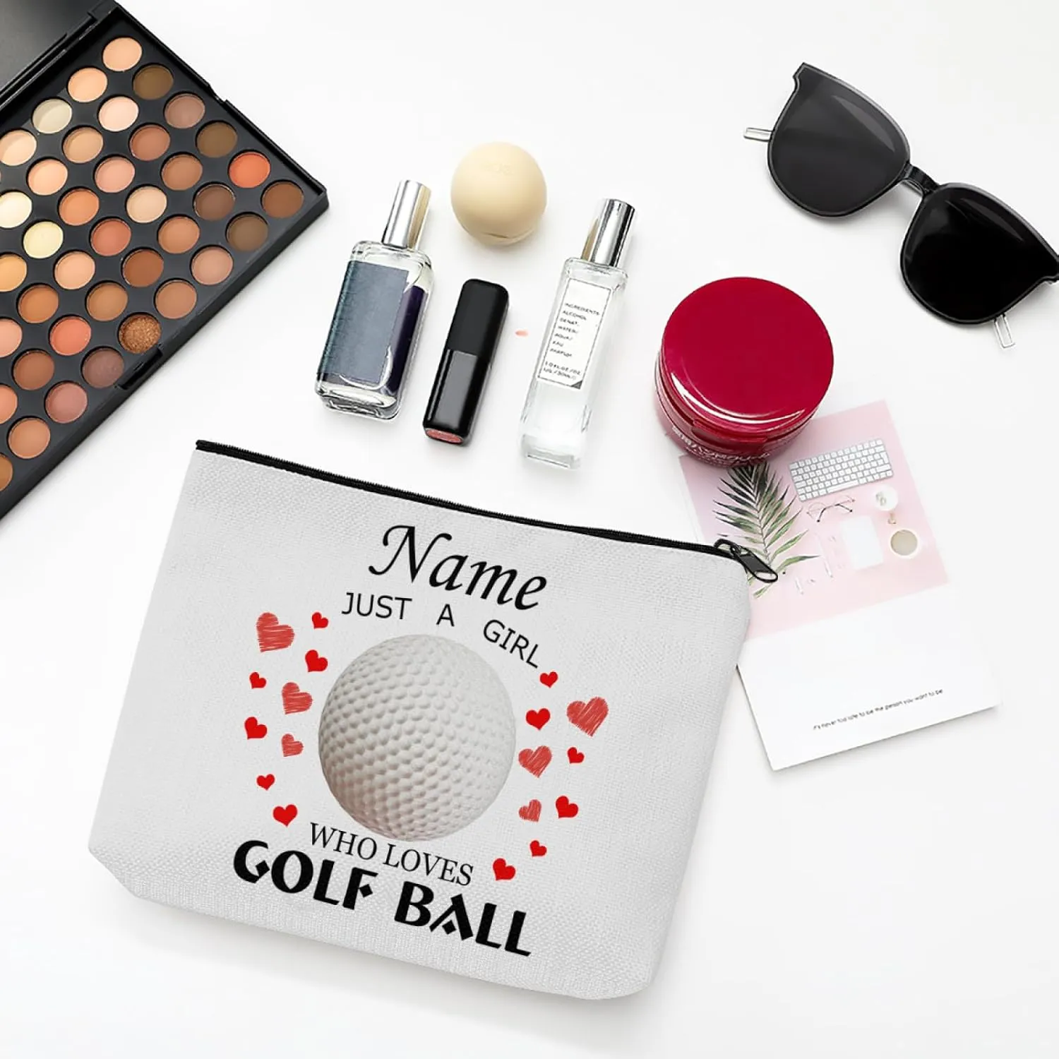 zaaprintblanket Personalized Golf Ball Hearts Cosmetic Bags with Name Text Travel Bag Cases for Toiletries Accessories Organizer