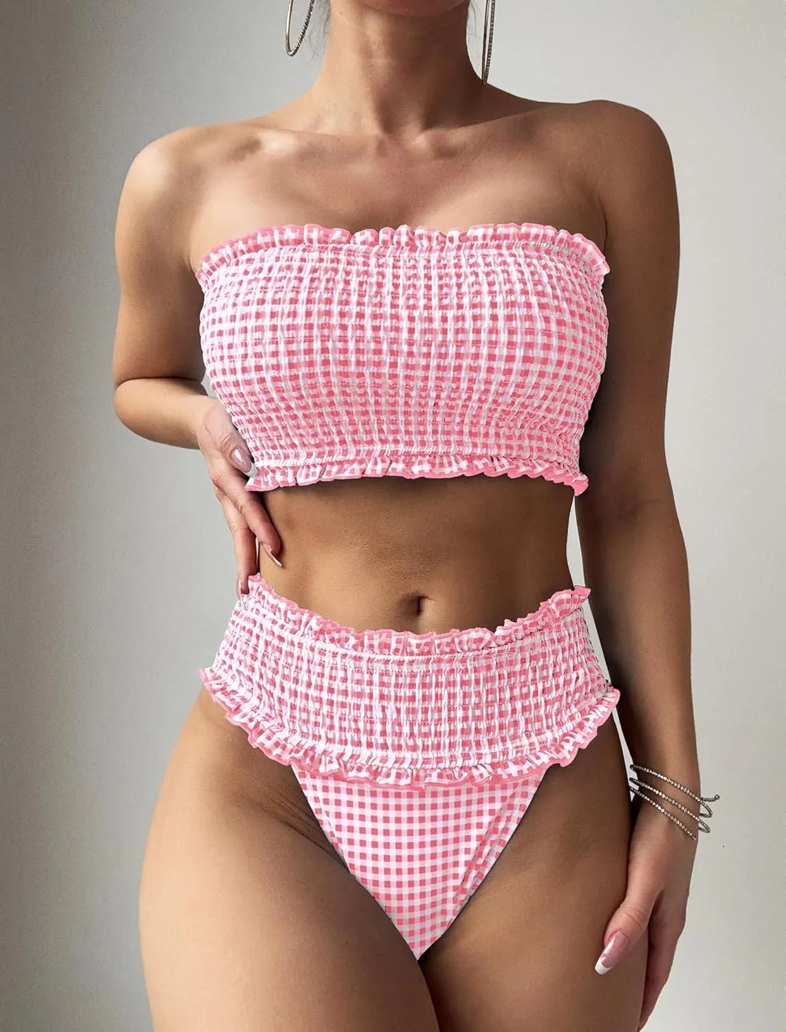 ZAFUL Women Bandeau Bikini Sets Smocked Swimsuit Strapless 2 Piece Swimwear Cheeky Bathing Suits