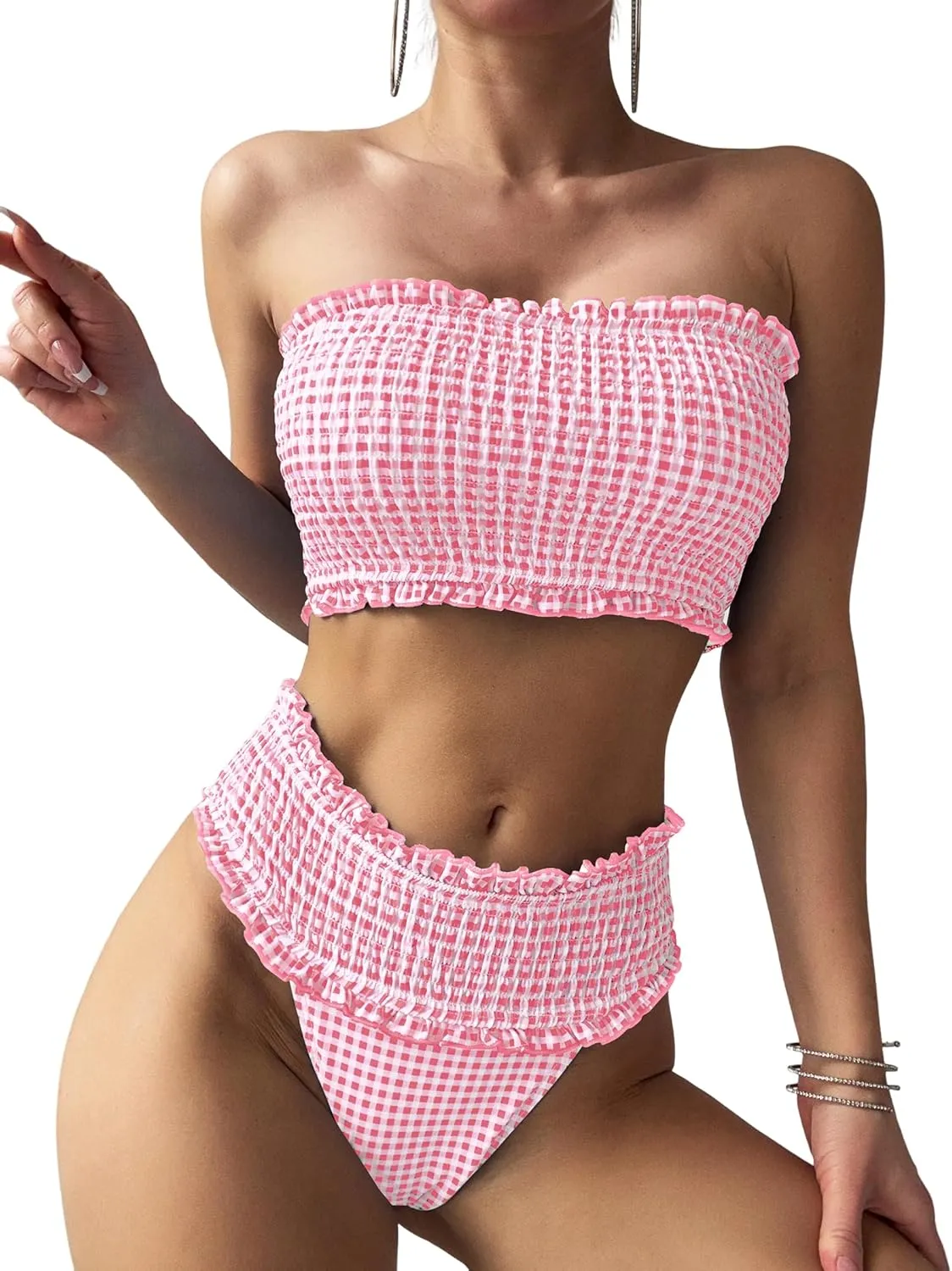 ZAFUL Women Bandeau Bikini Sets Smocked Swimsuit Strapless 2 Piece Swimwear Cheeky Bathing Suits