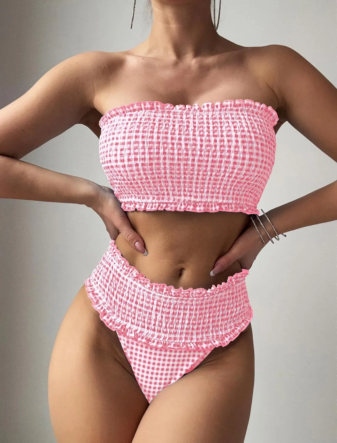 ZAFUL Women Bandeau Bikini Sets Smocked Swimsuit Strapless 2 Piece Swimwear Cheeky Bathing Suits