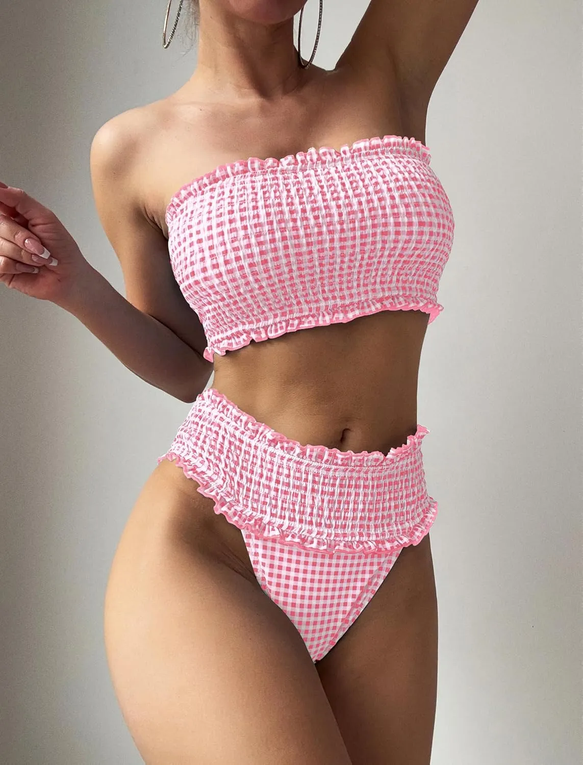 ZAFUL Women Bandeau Bikini Sets Smocked Swimsuit Strapless 2 Piece Swimwear Cheeky Bathing Suits
