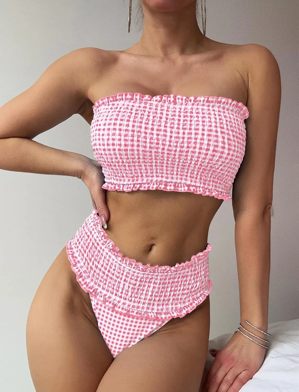 ZAFUL Women Bandeau Bikini Sets Smocked Swimsuit Strapless 2 Piece Swimwear Cheeky Bathing Suits