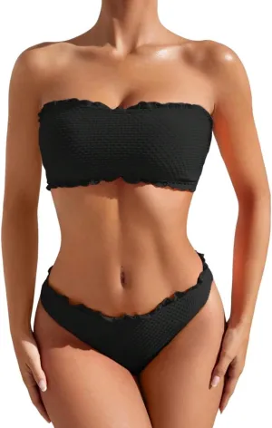 ZAFUL Women Strapless Bandeau Bikini Shell 2 Piece Swimwear Cheeky Solid Lace up Pom Bathing Suits