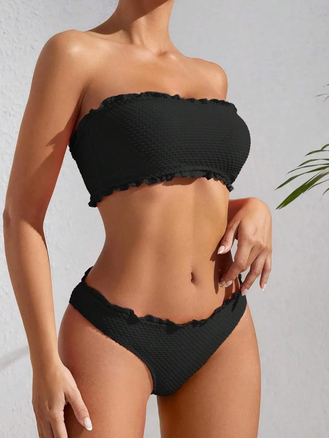 ZAFUL Women Strapless Bandeau Bikini Shell 2 Piece Swimwear Cheeky Solid Lace up Pom Bathing Suits