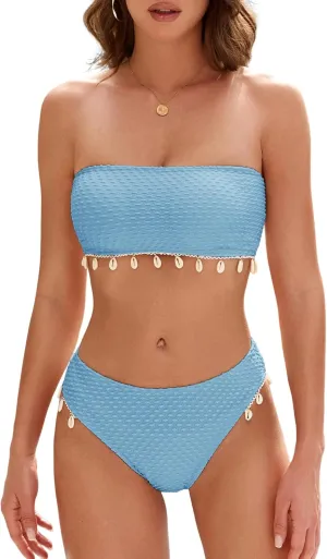 ZAFUL Women Strapless Bandeau Bikini Shell 2 Piece Swimwear Cheeky Solid Lace up Pom Bathing Suits