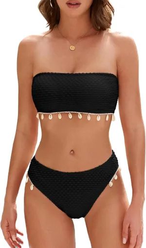 ZAFUL Women Strapless Bandeau Bikini Shell 2 Piece Swimwear Cheeky Solid Lace up Pom Bathing Suits