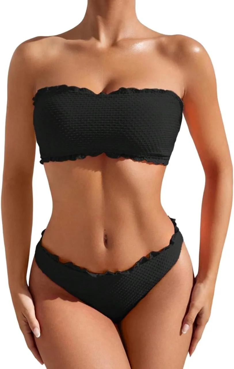 ZAFUL Women Strapless Bandeau Bikini Shell 2 Piece Swimwear Cheeky Solid Lace up Pom Bathing Suits