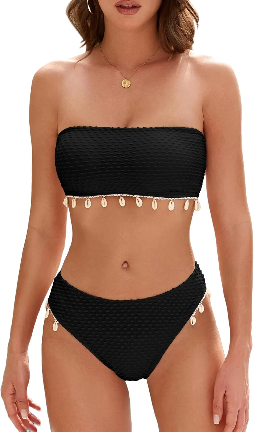 ZAFUL Women Strapless Bandeau Bikini Shell 2 Piece Swimwear Cheeky Solid Lace up Pom Bathing Suits