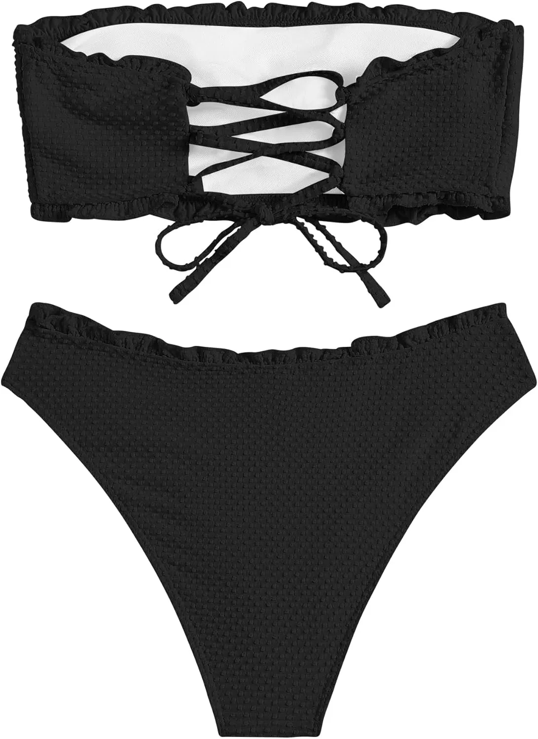 ZAFUL Women Strapless Bandeau Bikini Shell 2 Piece Swimwear Cheeky Solid Lace up Pom Bathing Suits