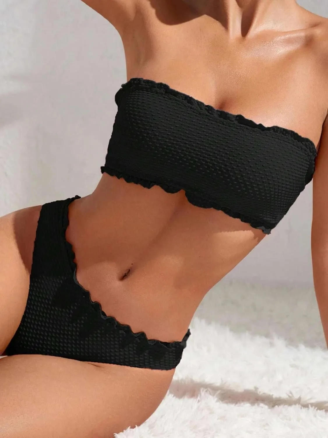ZAFUL Women Strapless Bandeau Bikini Shell 2 Piece Swimwear Cheeky Solid Lace up Pom Bathing Suits