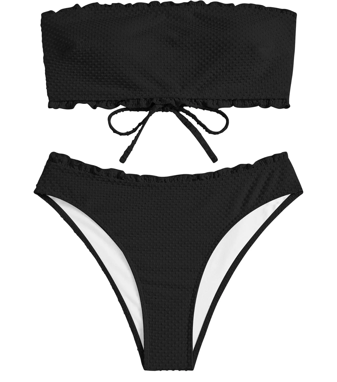ZAFUL Women Strapless Bandeau Bikini Shell 2 Piece Swimwear Cheeky Solid Lace up Pom Bathing Suits