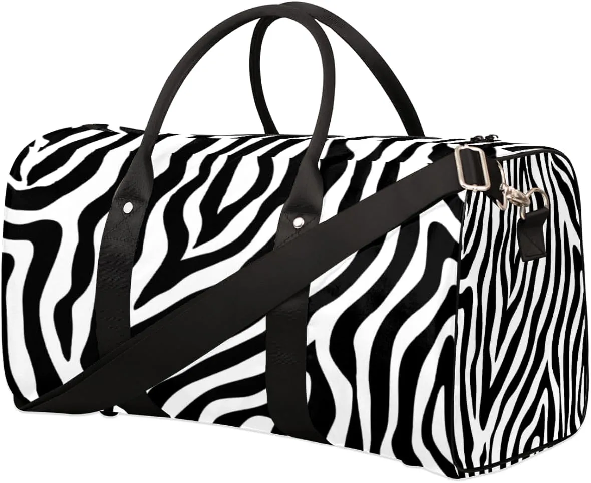 Zebra Print Travel Duffel Bag for Women Men, Animal Zebra Print Sport Tote Gym Bag Foldable Weekender Overnight Bag Waterproof Carry On Luggage Bag