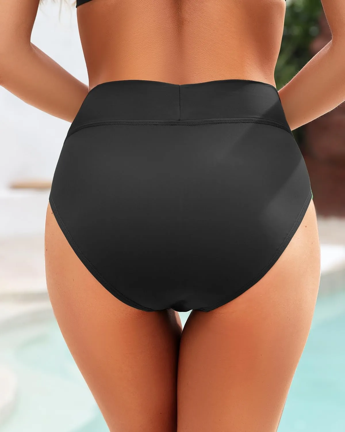 Zmart Womens High Waisted Bikini Bottoms - V Cut Full Coverage Bathing Suit Swimsuit Bottom with Twist Front