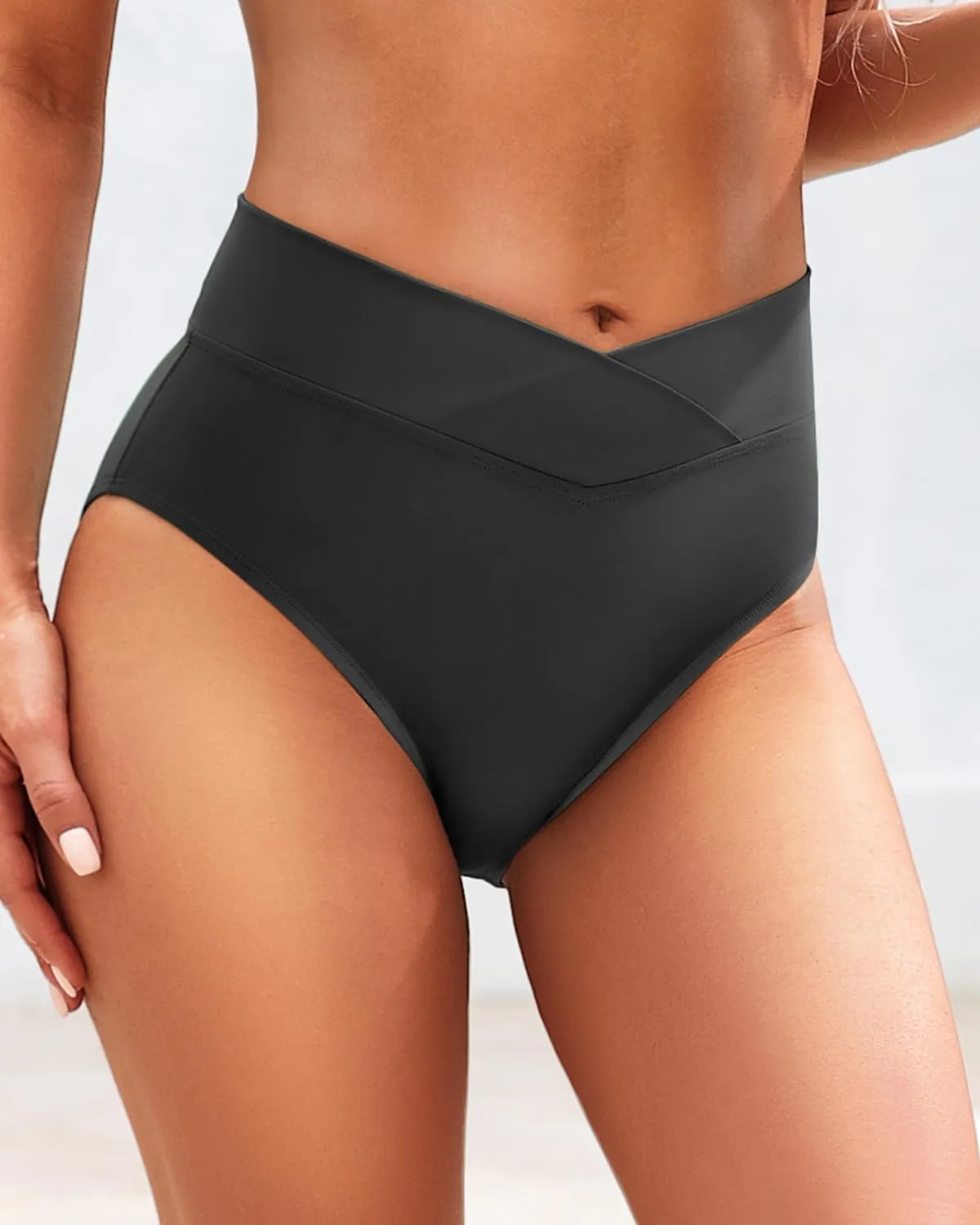 Zmart Womens High Waisted Bikini Bottoms - V Cut Full Coverage Bathing Suit Swimsuit Bottom with Twist Front