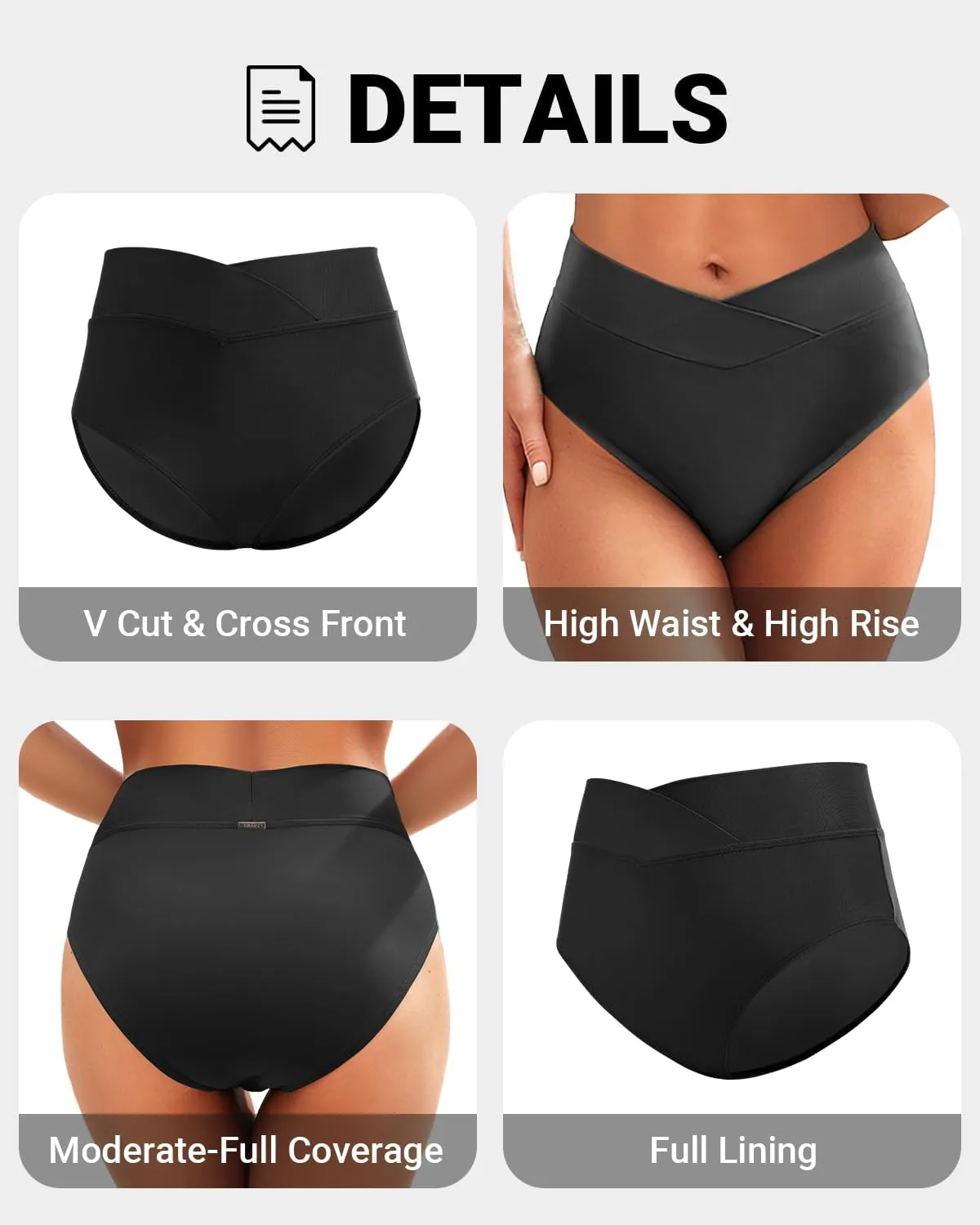 Zmart Womens High Waisted Bikini Bottoms - V Cut Full Coverage Bathing Suit Swimsuit Bottom with Twist Front
