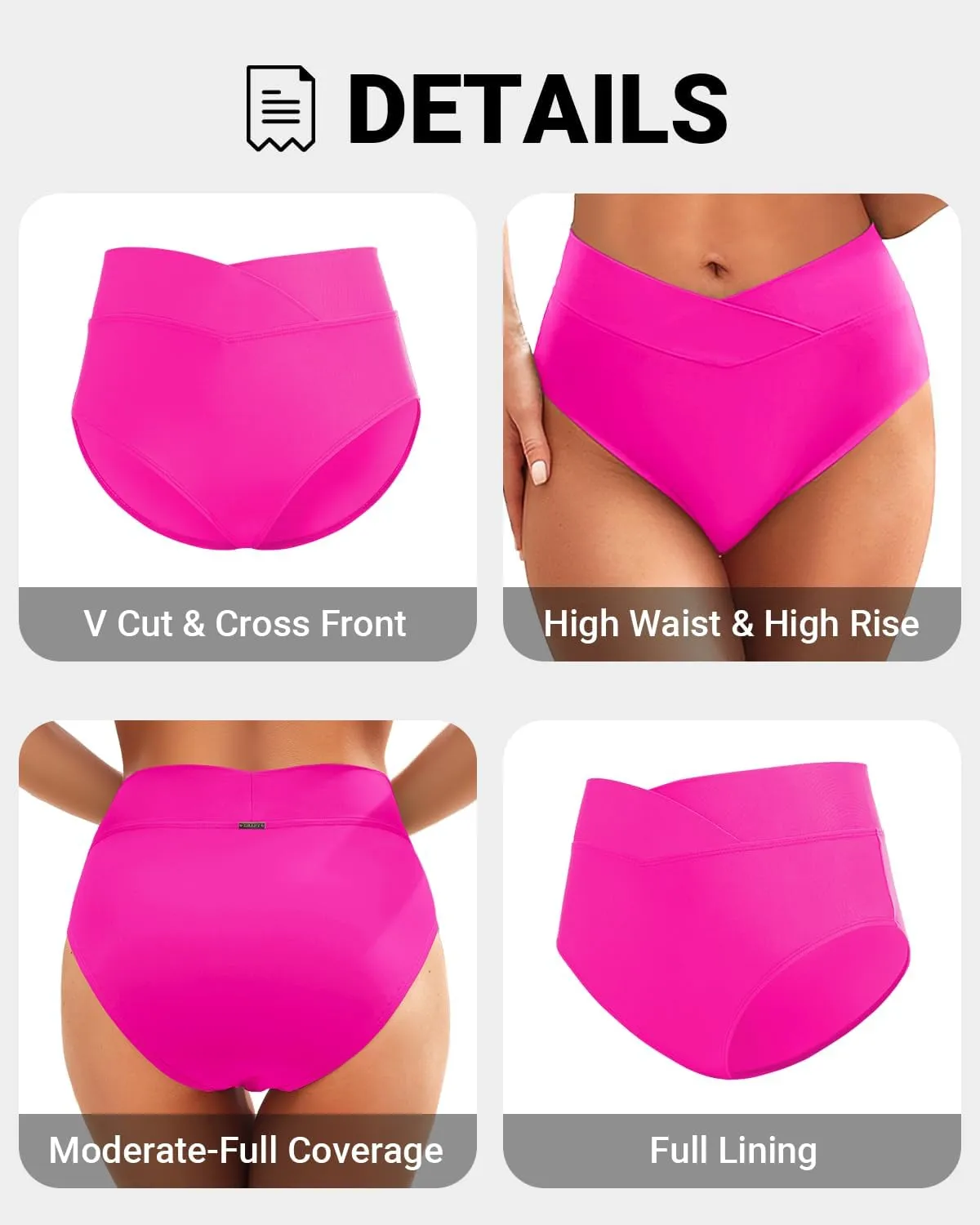 Zmart Womens High Waisted Bikini Bottoms - V Cut Full Coverage Bathing Suit Swimsuit Bottom with Twist Front