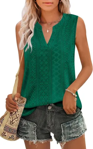 Zwurew Tank Top for Women Loose Fit Sleeveless V Neck Camisole Tops Dressy Casual Eyelet Summer Flowy Cami Shirts Blouse