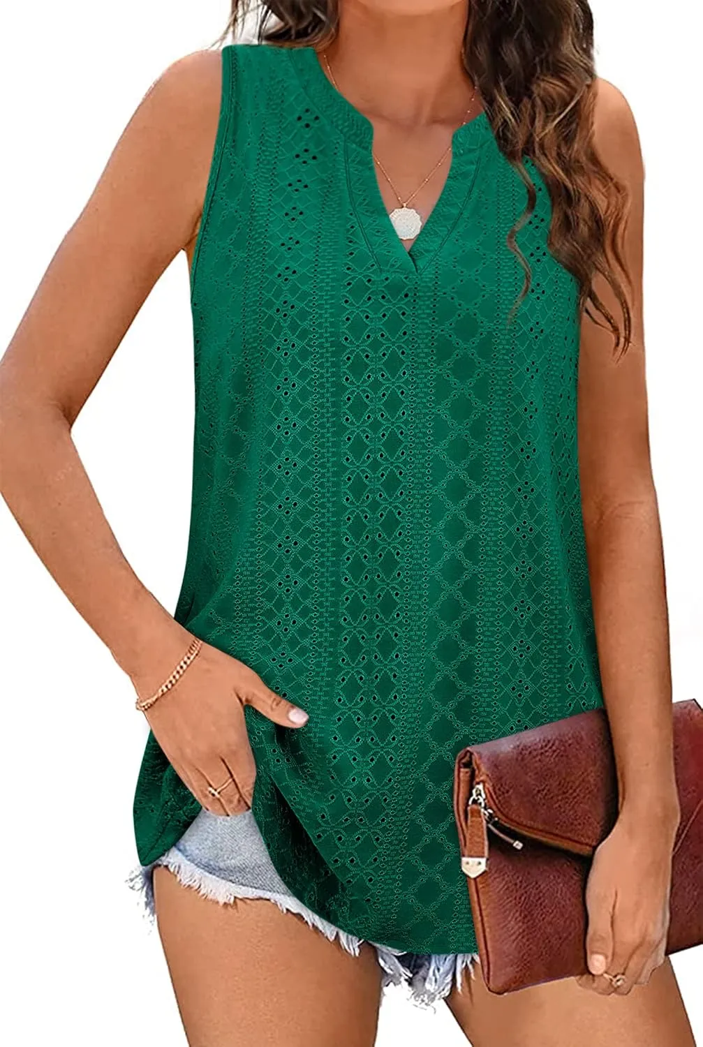 Zwurew Tank Top for Women Loose Fit Sleeveless V Neck Camisole Tops Dressy Casual Eyelet Summer Flowy Cami Shirts Blouse