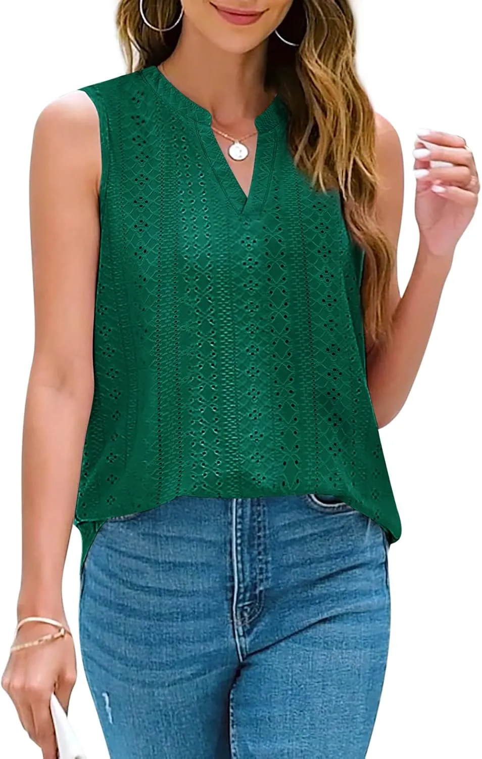 Zwurew Tank Top for Women Loose Fit Sleeveless V Neck Camisole Tops Dressy Casual Eyelet Summer Flowy Cami Shirts Blouse