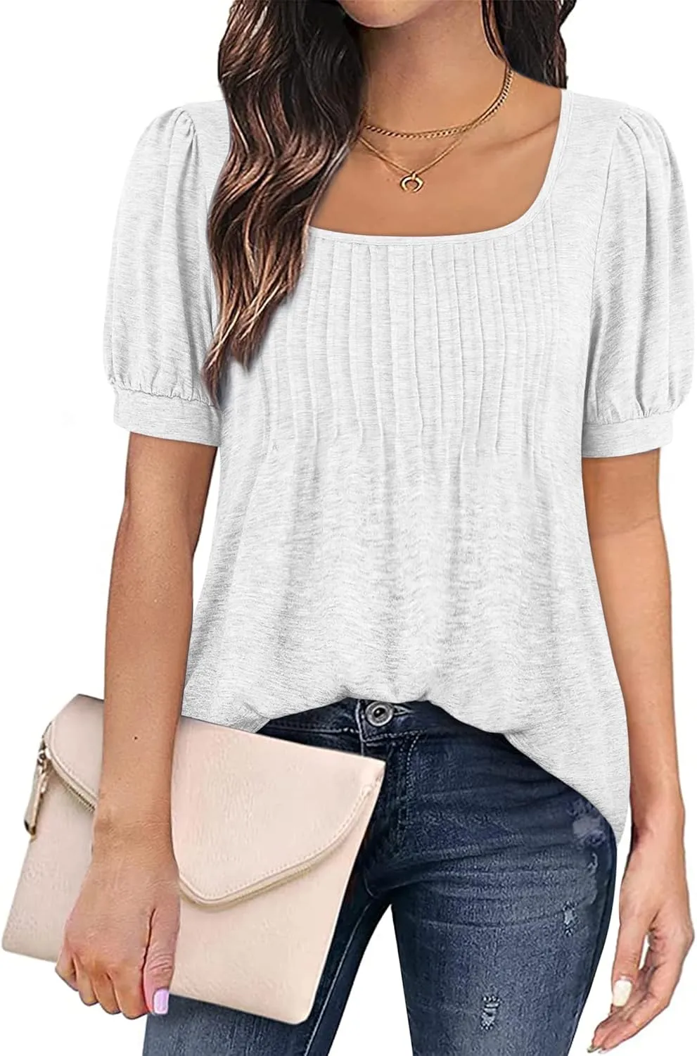 Zwurew Women's Summer Casual Puff Short Sleeve T-Shirts Square Neck Pleated Flowy Trendy Tunic Tops for Leggings S-2XL