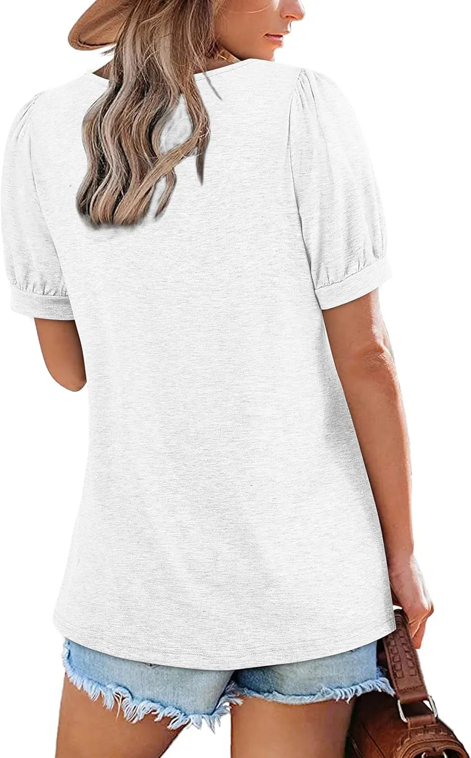 Zwurew Women's Summer Casual Puff Short Sleeve T-Shirts Square Neck Pleated Flowy Trendy Tunic Tops for Leggings S-2XL