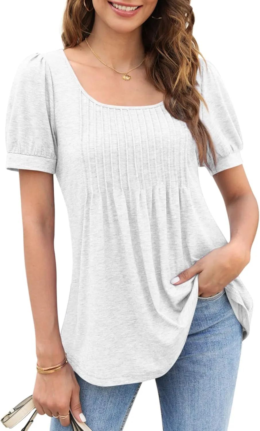 Zwurew Women's Summer Casual Puff Short Sleeve T-Shirts Square Neck Pleated Flowy Trendy Tunic Tops for Leggings S-2XL
