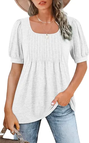 Zwurew Women's Summer Casual Puff Short Sleeve T-Shirts Square Neck Pleated Flowy Trendy Tunic Tops for Leggings S-2XL