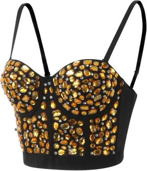 ZYXTIM Women's Rhinestone Diamond Push up Bustier Sexy Sequins Crop Top Fashion Punk Corset Bra Adjustable Strap