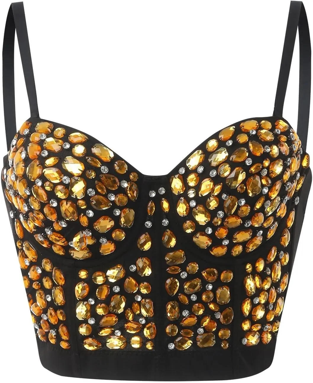 ZYXTIM Women's Rhinestone Diamond Push up Bustier Sexy Sequins Crop Top Fashion Punk Corset Bra Adjustable Strap